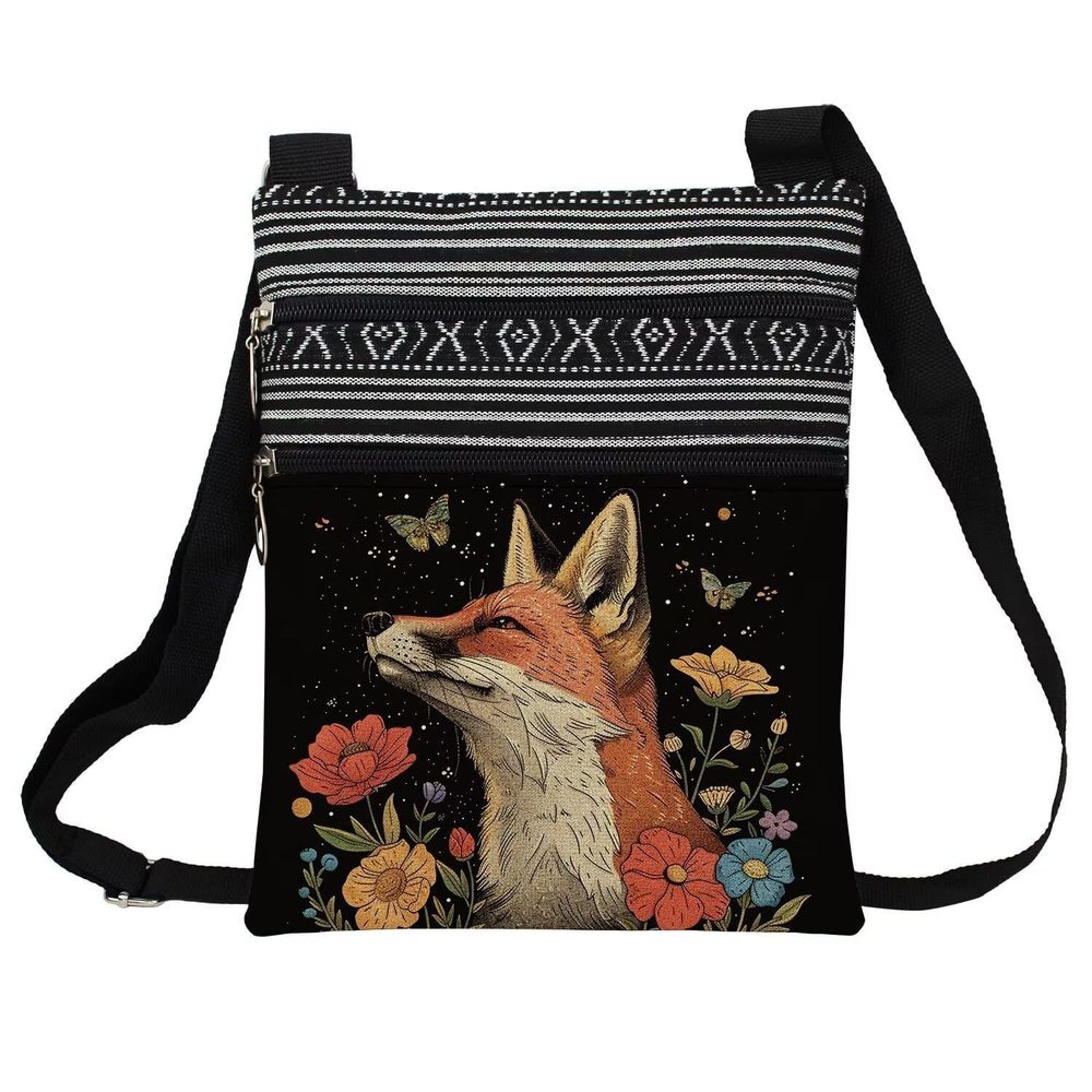 Floral Fox Messenger Bag Small Ethnic Pattern Printed Adjustable Strap :|
